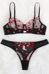 Black Heart Print Mesh Two Piece Lingerie Areous